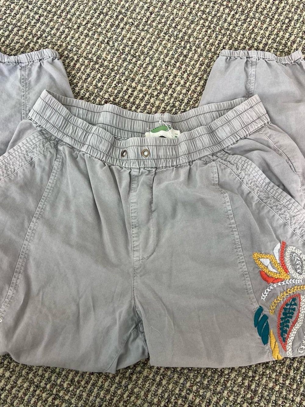 Anthropologie Light Grey Cargo Style Jogger Pants with Colorful Embroidery